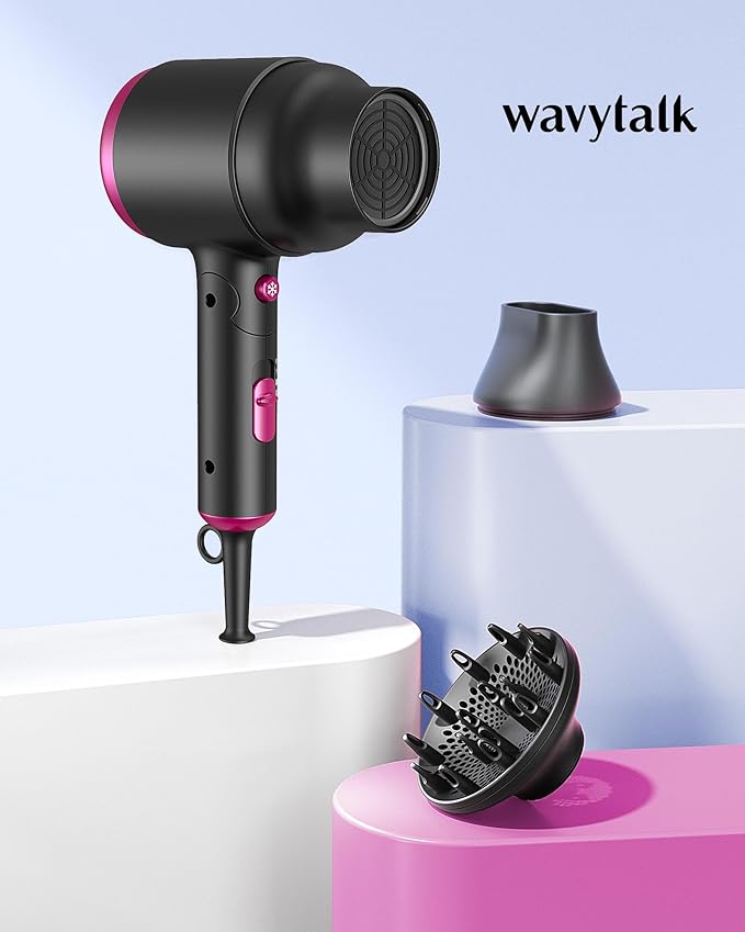 Wavytalk Hair Dryer with Diffuser, Foldable Hair Blow Dryer, 1600W Lightweight Diffuser Hair Dryer for Curly Hair, Black