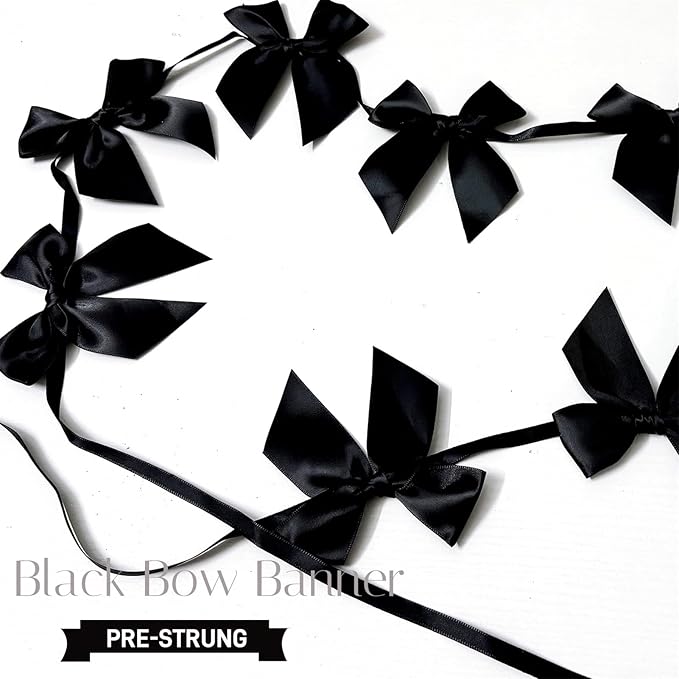 2pcs Bow Garland Banner, Ribbon Bow Party Decorations for Baby Shower Girls Bow Coquette Birthday Party Decor (Black)