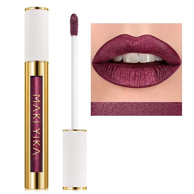 MAKI YIKA Dark Purple Lipstick for Women Metallic Lipsticks Glitter Long Lasting Lipstick No Smudge No Transfer Liquid Lip Gloss (BR16 Last Kiss)