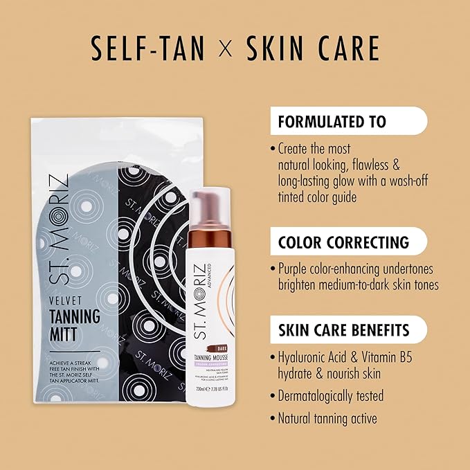 St Moriz Advanced Color Correcting Self Tanner Mousse in Dark with Tanning Mitt Bundle - Color Correcting Instant Self Tanning Foam for Face & Body with Hyaluronic Acid & Vitamin B5 (7.78 fl oz)