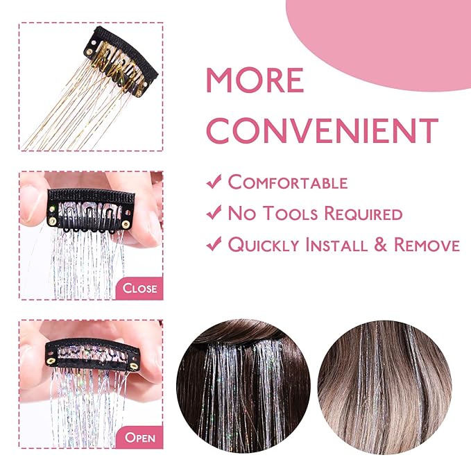 WENNALIFE Hair Tinsel Clip In for Girls Champagne, 6pcs 24 inch Hair Tinsel Clips Tinsel Hair Extensions Clip in Colorful Glitter Tinsel Hair Clips Sparkle Fairy Hair Accessories for Kids