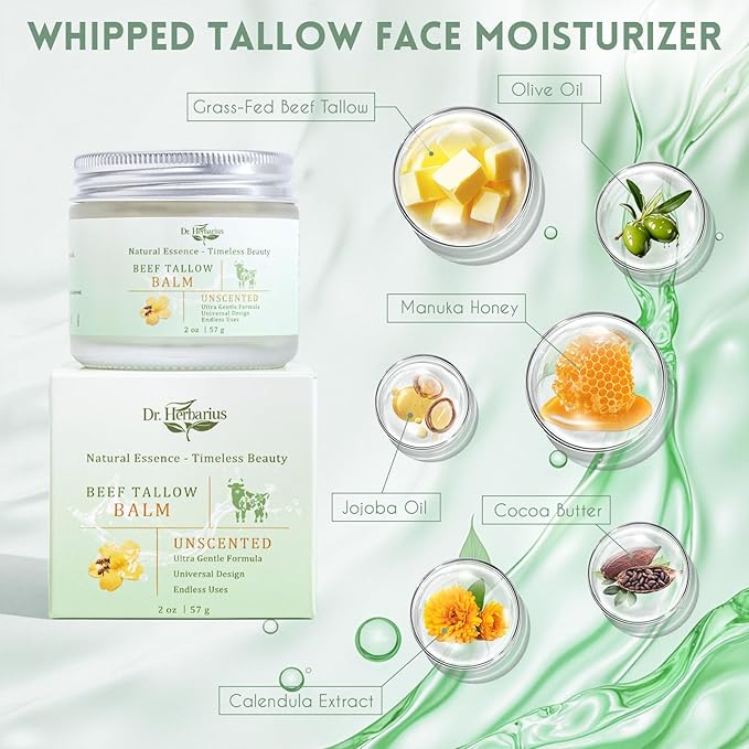 Whipped Tallow Face Moisturizer — Organic Grass Fed Beef Tallow for Skin Care, Extra-Gentle Tallow and Honey Balm for Face Moisturizing & Body Firming, Handmade All-Natural, Unscented, 2 Oz.