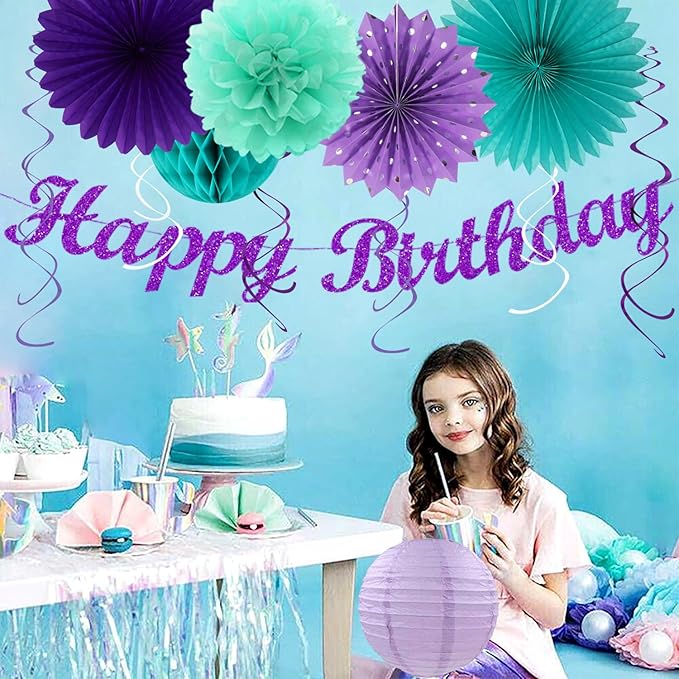 Teal-purple Lavender Girl Mermaid-birthday Party-decorations - 21pcs Happy Banner,Under The Sea Ocean Paper Lanterns Honeycomb Streamers,Tissue Pom Poms Flower Fan,Classroom Hanging Decor Huglony