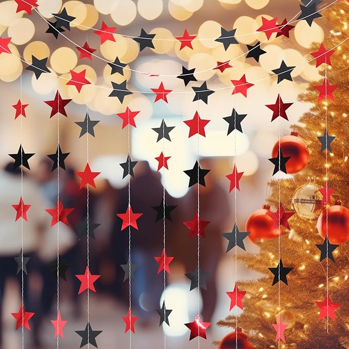 Patelai Glitter Star Garland Banner New Years Decor 130 Feet Star Hanging Banner Twinkle Backdrop for Birthday Classroom Wedding Halloween Christmas Party Supplies(Red,Black)