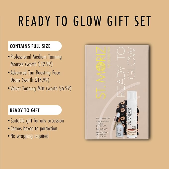 St Moriz Ready to Glow Self-Tan Gift Set – Medium Tanning Mousse, Face Drops & Velvet Mitt – Self Tanner Kit for Face & Body, Vegan, Streak-Free, Fast-Drying, Easy to Apply