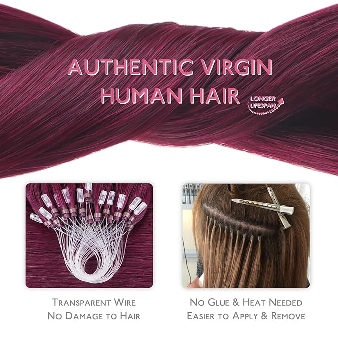 WENNALIFE Microlink Hair Extensions Human Hair, 50g 50s 20 Inch Light Burgundy Remy Micro Bead Hair Extensions Real Human Hair Micro Link Micro Loop Micro Ring Hair Extensions Straight Microlinks