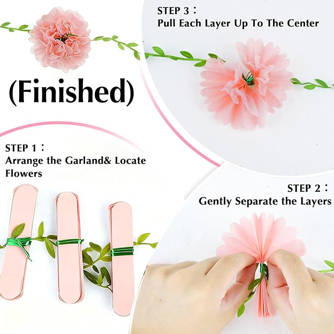 Tissue Paper Pom Pom Garland Hanging Paper Flower Decorations for Wedding Baby Shower Engagement Garden Tea Party Bridal Shower Spring Summer Wall Decor Nursery Arch Backdrop