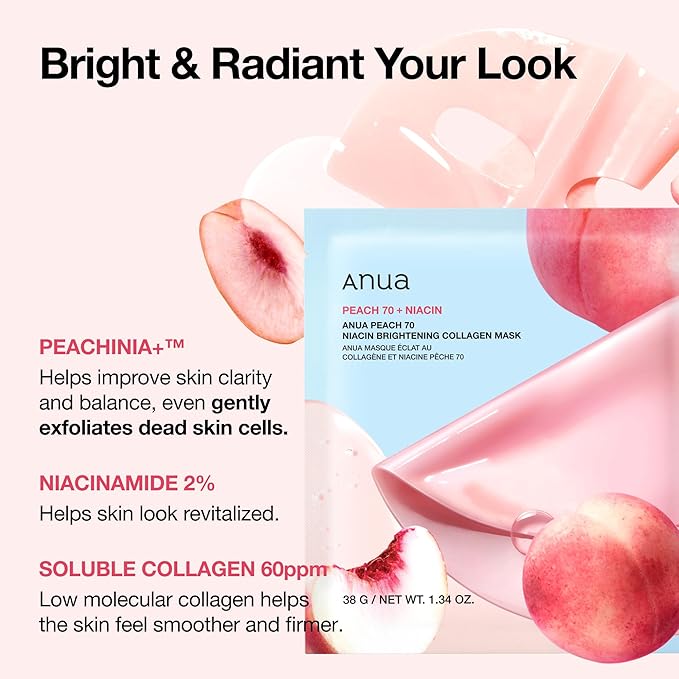 ANUA Peach 70 Niacin Brightening Collagen Mask, Overnight Face Mask for Glass Skin, Niacinamide, Collagen Facial Mask, Glow up with Hydration, Natural Color, Korean Skin Care (38g, 4ea)
