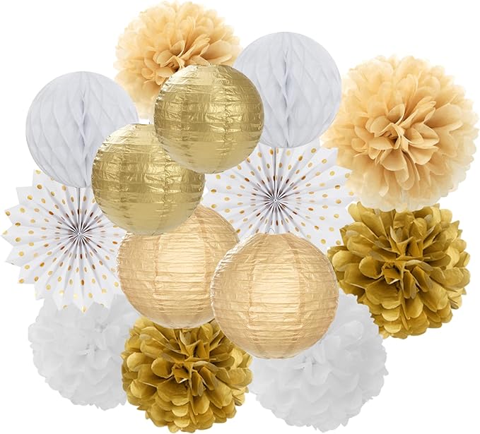 White Gold Party Decorations Streamers - 14pcs Christmas Wedding Engagement Paper Lanterns Fan,Tissue Pom Poms,Honeycomb Balls,Bachelorette Neutral Birthday Baby Bridal Shower Decor Lasting Surprise