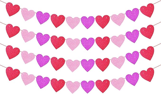 4 Pack Glitter Heart Garland Banner