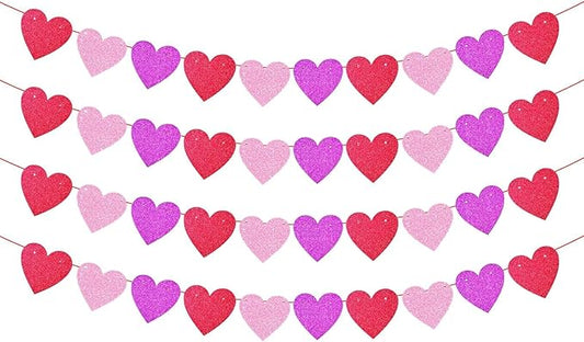4 Pack Glitter Heart Garland Banner
