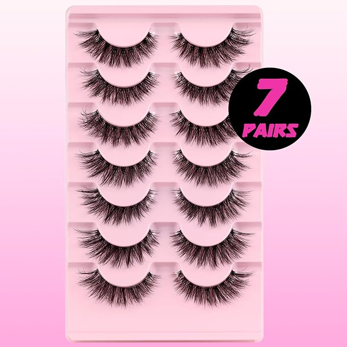 Veleasha Natural Lashes Fluffy Eyelashes Cat Eye Lashes 7 Pairs 8-15mm Clear Band False Eyelashes C Curl Wispy Faux Mink Lashes Soft 100% Handmade Fake Eyelashes (C01)