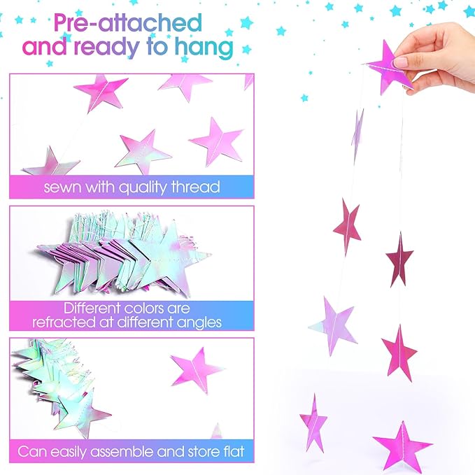 Patelai Glitter Star Garland Banner New Years Decor 130 Feet Star Hanging Banner Twinkle Backdrop for Birthday Classroom Wedding Halloween Christmas Party Supplies(Iridescent Purple)