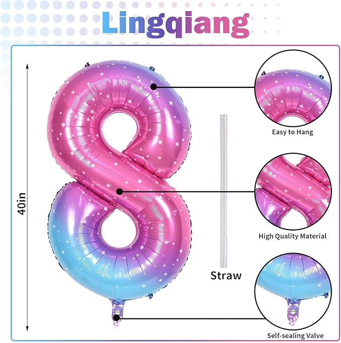 40 Inch Rainbow Foil Balloon Number 8, Giant Self Inflating Gradient Blue Pink Number Balloons 0-9 for Women, Starry Print 8 Helium Balloons Set for Girls 8th Birthday Party Decorations Supplies