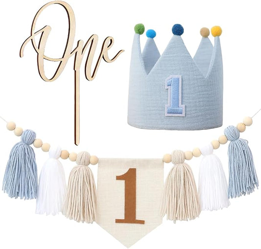 Baby Boy First Birthday Party Decorations Blue White High Chair Banner 1st Crown Hat Cake Topper
