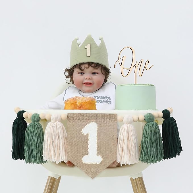 1st Green High chair Banner Wood Bead Tassel Garland Crown Hat Wooden Cake Topper Birthday Party Decorations