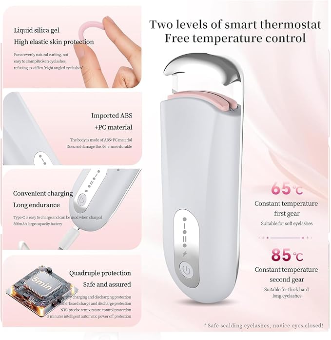 Heated Eyelash Curler for Natural Lashes 2-Level Adjustable Temperature Mini Electric Lash Curler Fast 3-Second Heat Up 24 Hours Long-Lasting Curl