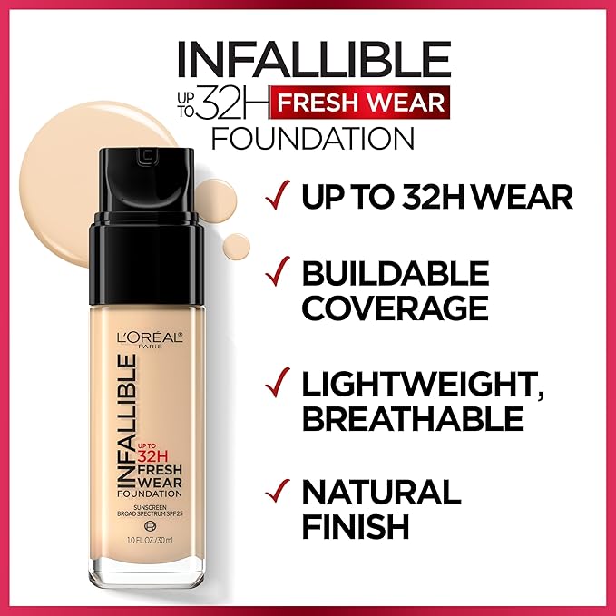 L'Oreal Paris Makeup Infallible Up to 32 Hour Fresh Wear Lightweight Foundation, 486 Toasted Almond, 1 Fl Oz, Packaging May Vary