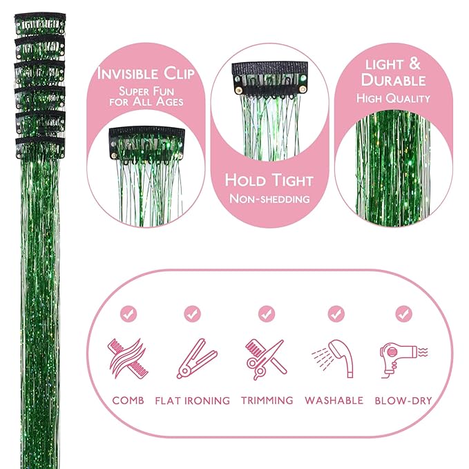 WENNALIFE Hair Tinsel Clip In for Girls Green, 6pcs 24 inch Clips Tinsel Hair Extensions Clip in Colorful Glitter Clips Sparkle Fairy Hair Accessories for Kids