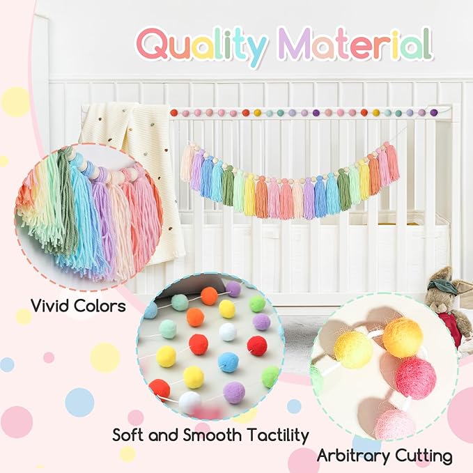 2pcs Boho Tassel Garland,Pom Pom Tassel,6.5 Feet Long 20 Balls Ball Garland,Colorful Wall Hanging Party Decorative Banner Pastel,Home Decoration Wedding Birthday Baby Shower