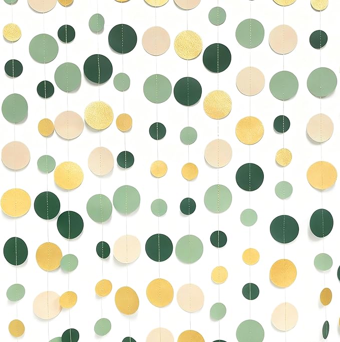 Sage Green Gold Beige Party Polka Dot Garlands Oilve Green Glitter Gold Hanging Paper Circle Dots Streamer for Baby Shower Birthday Wedding Engagement Retirement Boho Safari Party Decorations Supplies