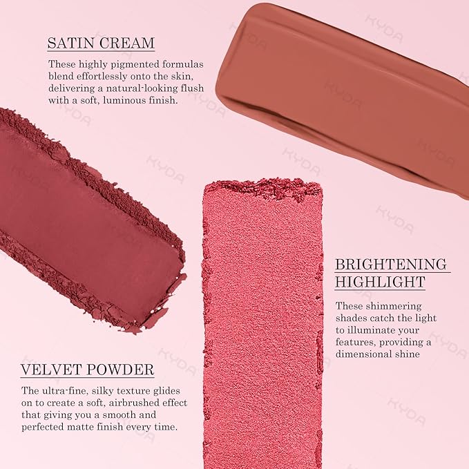 KYDA 3 Colors Blush Palette, All-In-One Face Maleup Palette, Matte Cheek Blusher Makeup, Multi-Finish Shimmery Blusher, Blendable Blush Highlighter Powder,05