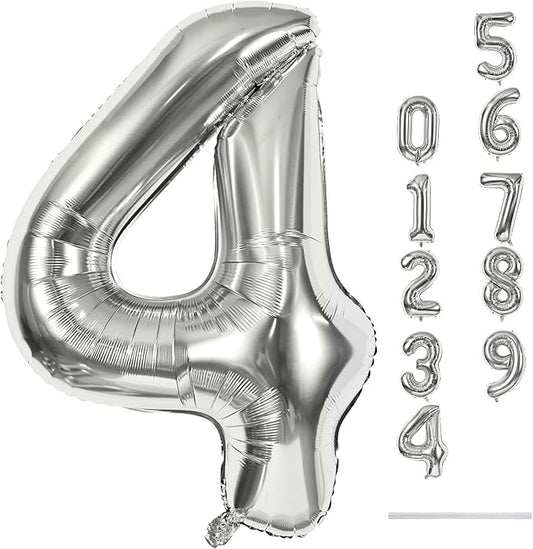 Silver Number Balloons, 40inch Large Number 4 Foil Helium Balloons for Girls Women, Self Inflating Number Balloons 0-9 for Men Boys 4th 14th 40th Birthday Anniversary Party Celebration Decoration