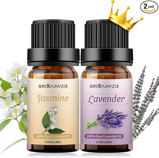 Sedbuwza Lavender Jasmine Essential Oil Set, Lavender Fragrance Oil Jasmine Scent Oil Set for Diffuser, Aromatherapy, Massage, Soap, Candle Making 2 x 10 ml