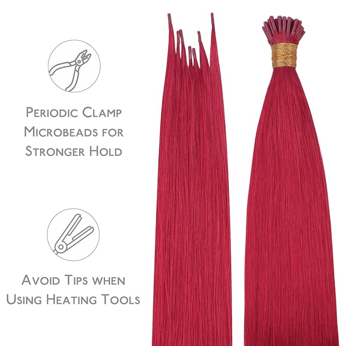 WENNALIFE I Tip Hair Extensions Real Human Hair, 100g 200s 16 Inch Red Remy Itip Human Hair Extensions Invisible Itips Straight I Tips Cold Fusion Extensions