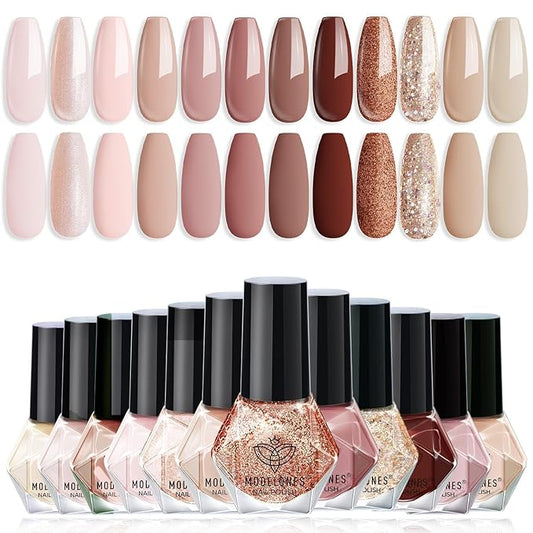 modelones Nail Polish Set 12 Colors Nude Brown Fall Nail Polish Set Champagne Gold Glitter Nail Polish Neutral Nude Pink Shimmer Fall Winter Brown Nail Gifts for Women Girl DIY Salon Home Manicure