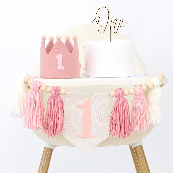 Pink Baby Girl 1st High Chair Banner Wood Bead Tassel Garland Crown Hat Wooden Cake Topper Birthday Party Decorations