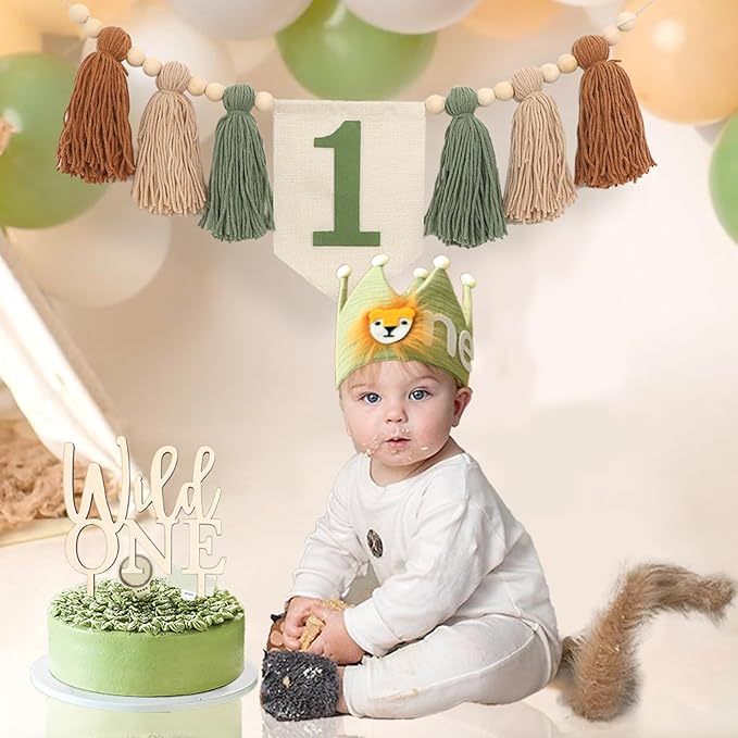 Wild One 1st Highchair Banner Wood Bead Tassel Garland Lion Crown Hat Wooden Cake Topper Birthday Party Decorations