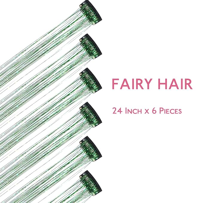 WENNALIFE Hair Tinsel Clip In for Girls Green, 6pcs 24 inch Clips Tinsel Hair Extensions Clip in Colorful Glitter Clips Sparkle Fairy Hair Accessories for Kids