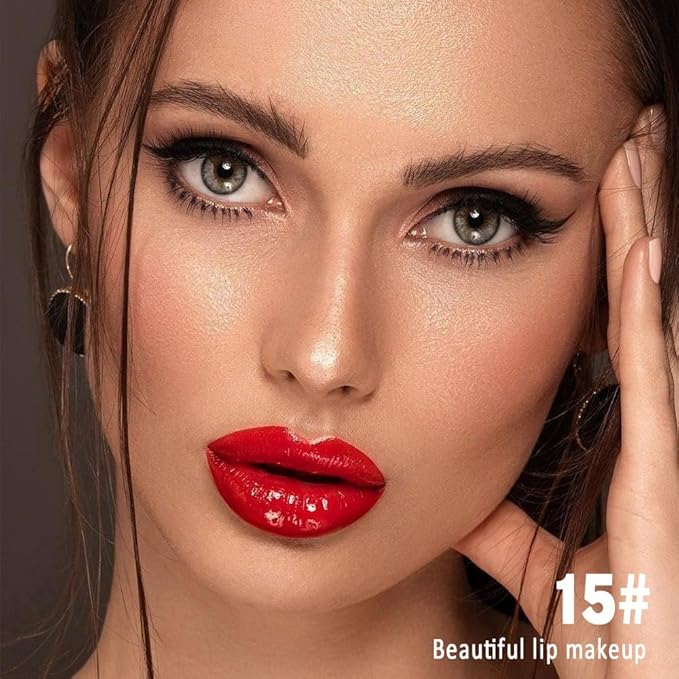 evpct Cool Ruby Red Shiny Longwear No-Budge Liquid Lip Color Lipstick Makeup, Highly Pigmented Color Instant Shine, Waterproof Long Lasting Lipstick Women, Lip Stain Gloss with Lip Liner Brush, 15#