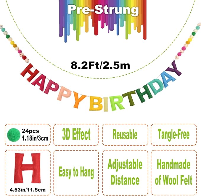 Pre-Strung 3D Felt Happy Birthday Banner - Reusable Rainbow Happy Birthday Decorations Sign,Handmade Wool Felt Ball Garland, Pom Pom Garland, Personalized Holiday Sign, Party Decor, Photo Prop