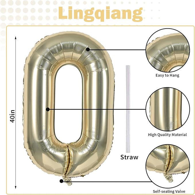 40" Balloon Number 0 Champagne Gold, Large Foil Number Balloons Set 0-9 for Girls Women, Light Gold 0 Helium Balloons for Boys Men Birthday Anniversary Graduation New Year Party Decoration Supplies
