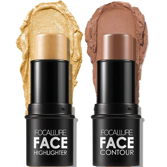 FOCALLURE 2 Pcs Mineral Cream Contour Stick,Moisturize Highlighter and Bronzer Pen,Non Stick Face Brightens & Shades Pencil,Long Lasting & Smooth Gliding Face Illuminator Makeup,Medium-warm