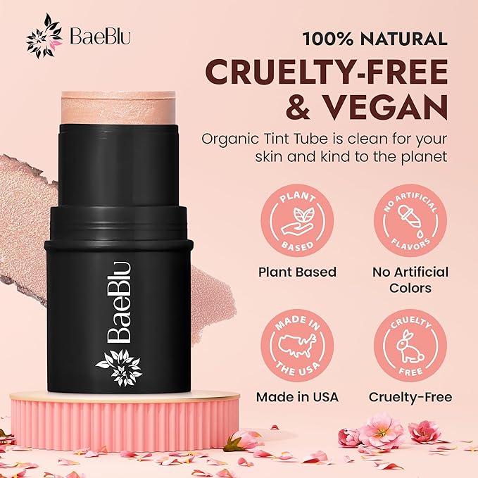 BaeBlu - Organic Blush Tube, Moscato - 100% Natural Vegan Cream Blush Sticks, Multi-Use Bronzer, & Highlighter for Lips, Cheeks & Eyes, Buildable Shimmer, Gluten-Free, Paraben-Free, Made in USA