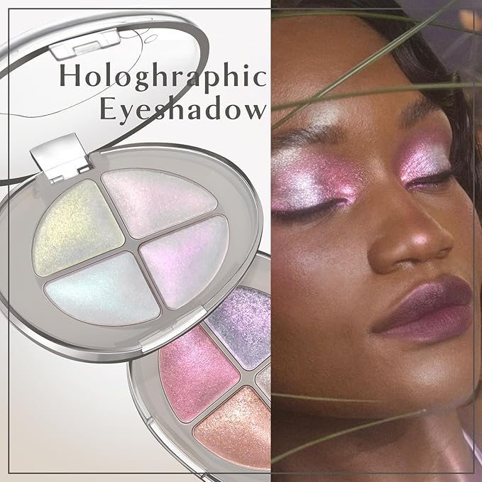 4 Colors Holographic Multichrome Glitter Eyeshadow Palette, Chameleon White Color Shift Glitter Iridescent Baked Eyeshadow Powder, Sparkling Smooth Shimmer Face Highlighter Fairy Makeup 01
