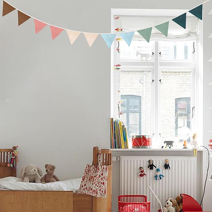 2 Sets of Brown Pink Blue Green Nursery Garland 24pcs Rainbow Linen Fabric Baby Banner Triangle Pennant Flags Streamers for Kids Birthday Boho Baby Shower Party Decorations Baby Bedroom Nursery Decor