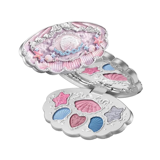 Flower Knows Shell's Jewel 6-Color Makeup Palette,Eyeshadow,Blush,Highlighting & Contour All-in-One Face Makeup Palette with 4 Matte+2 Shimmer Pink & Blue Shades(S02 Mermaids Tears,0.23 Oz)