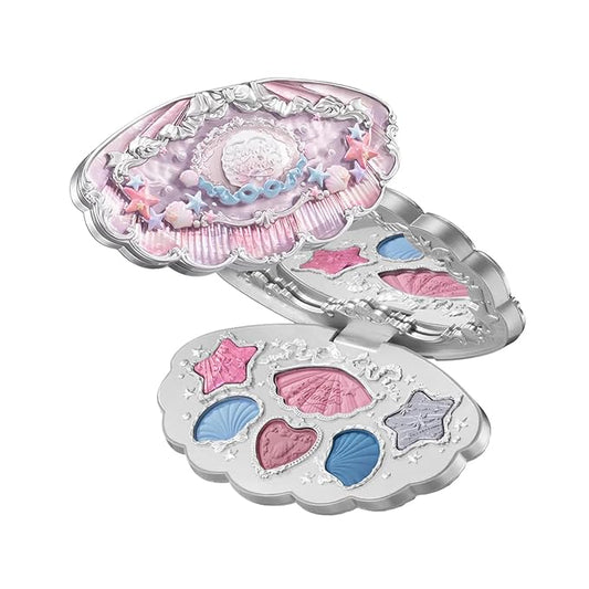 Flower Knows Shell's Jewel 6-Color Makeup Palette,Eyeshadow,Blush,Highlighting & Contour All-in-One Face Makeup Palette with 4 Matte+2 Shimmer Pink & Blue Shades(S02 Mermaids Tears,0.23 Oz)