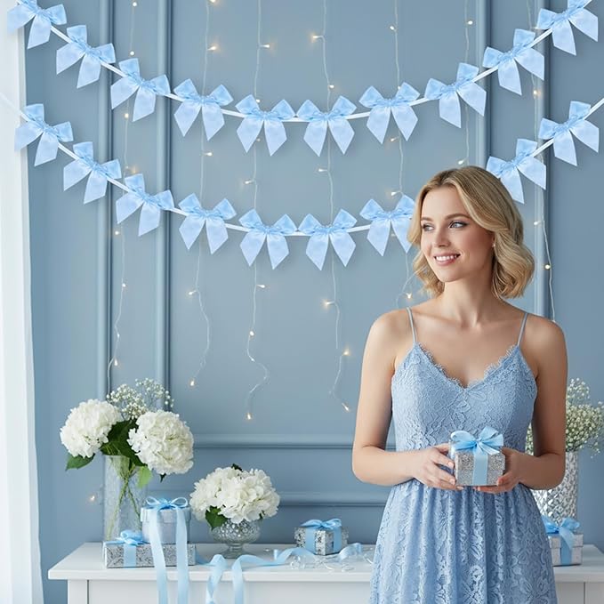 2Pcs Bow Garland Banner,Ribbon Bow Decorations for Party,Blue Bow for Baby Shower Decorations Wedding Bachelorette Bridal Shower Supplies(Blue)