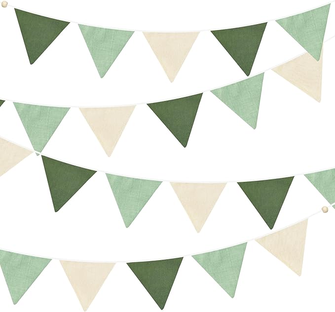 2 Sets of Sage Green Pennant Banner 24Pcs Nursery Garland Flags Olive Green Fabric Linen Triangle Streamers for Baby Room Decor Kids Jungle Safari Summer Birthday Baby Shower Boho Party Decorations