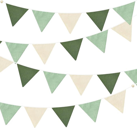 2 Sets of Sage Green Pennant Banner 24Pcs Nursery Garland Flags Olive Green Fabric Linen Triangle Streamers for Baby Room Decor Kids Jungle Safari Summer Birthday Baby Shower Boho Party Decorations