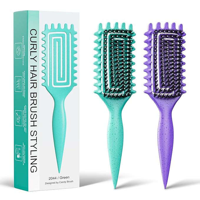 2-Pack Curly Hair Brush, Curl Defining Brush with Soft Boar Bristles Detangling Tangled Glides,Wide-Teeth Design Effortlessly Shaping & Defining Curls,Curling Definer for Wet & Dry Hair (Green Purple)
