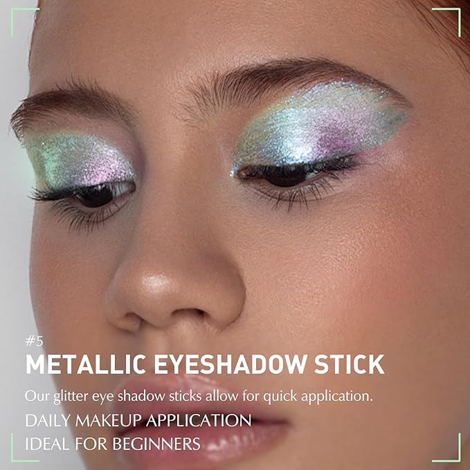 Glitter Eyeshadow Stick Metallic Chrome Finish, Shimmer Cream Eye Shadow Stick Long Lasting Holographic Color Sparkle Multi-Use Eye Brightener Highlighter Makeup Blendable Eyeliner Pencil, 5#