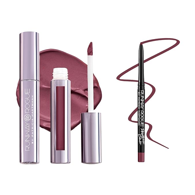 Runway Rogue ‘On Stage’ Velvet Glam Liquid Lipstick, Almost-Matte Rose Plum Lipstick with ‘Start the Show’ Designer Liner Lip Pencil, Matte Muted-Plum Lip-Liner Pencil and Lip-Liner Sharpener