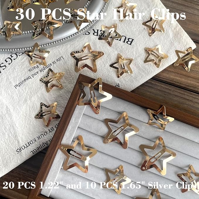 30 PCS Gold Star Hair Clips,20PCS 1.22"Star Hair Clip and 10 PCS 1.65"Star Hair Clips Snap Star Hair Accessories Non Slip Star Clips for Girls Women Gold Accessories Gold Metal Hair Clips