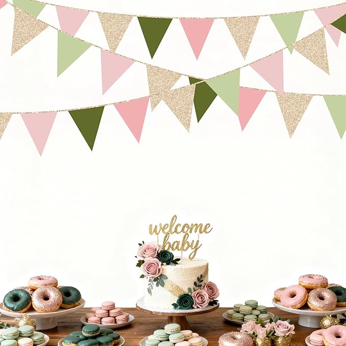 Sage Green Dusty Rose Pink Champagne Gold Pennant Banner Flag Hanging Glitter Paper Triangle Bunting for Girls Wild One Jungle Safari Woodland Themed Birthday Baby Shower Wedding Party Decorations